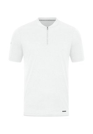 Kurzärmliges weißes Shirt mit Stehkragen und Frontreißverschluss; verfügt über eine dezente Textur und ein kleines Logo am unteren Saum.