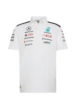 White polo shirt with a collar, featuring black shoulder stripes and various logos in black, red, and turquoise on the front and sleeves.