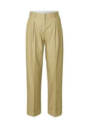 Beige, high-waisted broek met dubbele plooien, taps toelopende benen en opgerolde manchetten. Gemaakt van een gladde stof met een subtiele textuur.