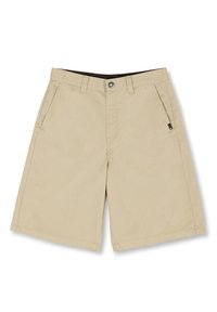 Beige katoenen shorts met een vlakke voorkant, twee zijzakken, een knoopsluiting en een rechte snit. Heeft minimale stiksels en een klein logo-label.