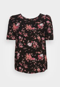 Blusa nera a maniche corte realizzata in tessuto leggero, con un motivo floreale in rosa e bianco. Scollatura rotonda con maniche leggermente a sbuffo.