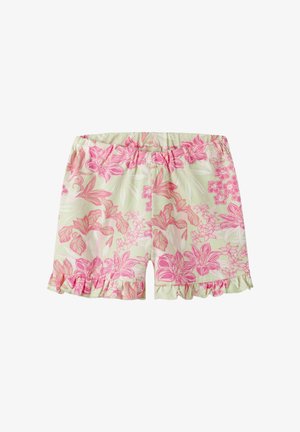 Lichtgroene korte broek met roze bloemenprint, elastische tailleband en gerimpelde zoom voor een casual, vrouwelijke uitstraling.