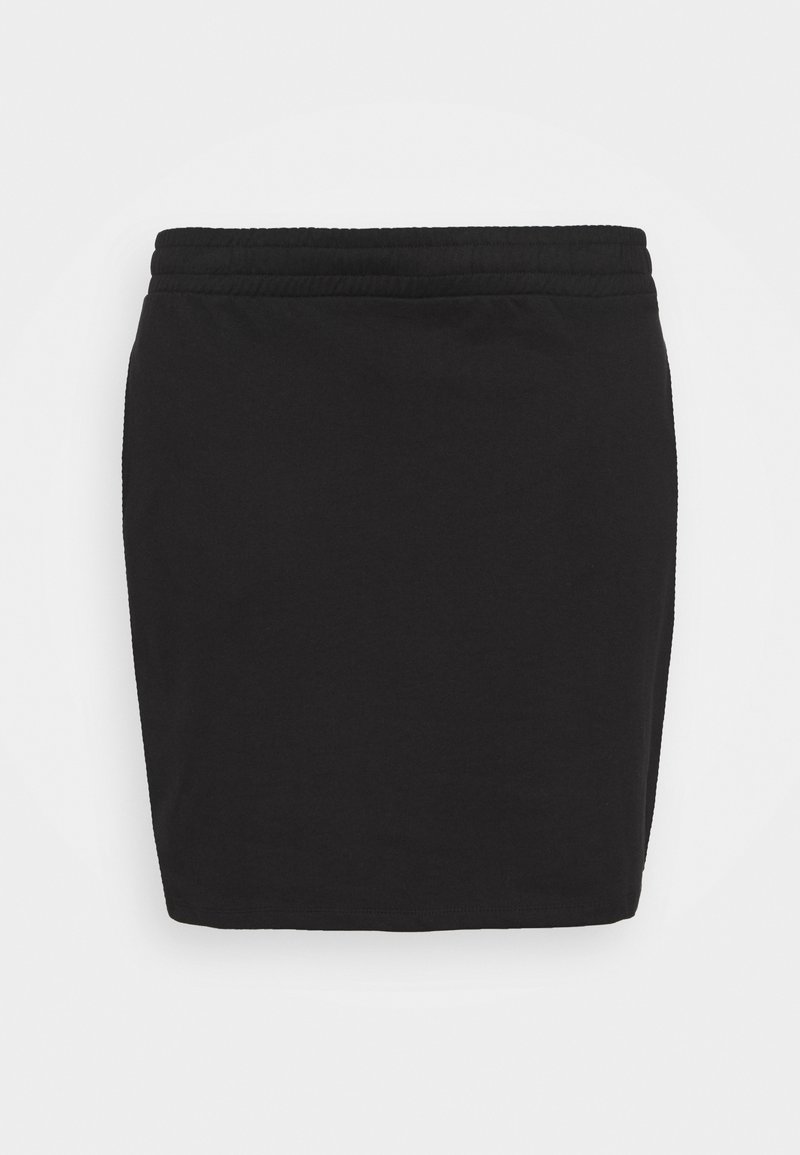 Jupe noire longueur genou avec ceinture élastique, texture lisse et coupe droite, présentée sur un fond blanc uni.