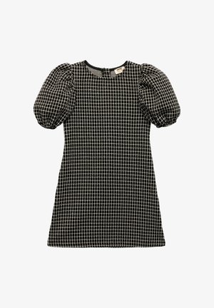 Sort-hvidt ternet kjole med pufærmer, rund halsudskæring, lynlås i ryggen og tekstureret stof.
