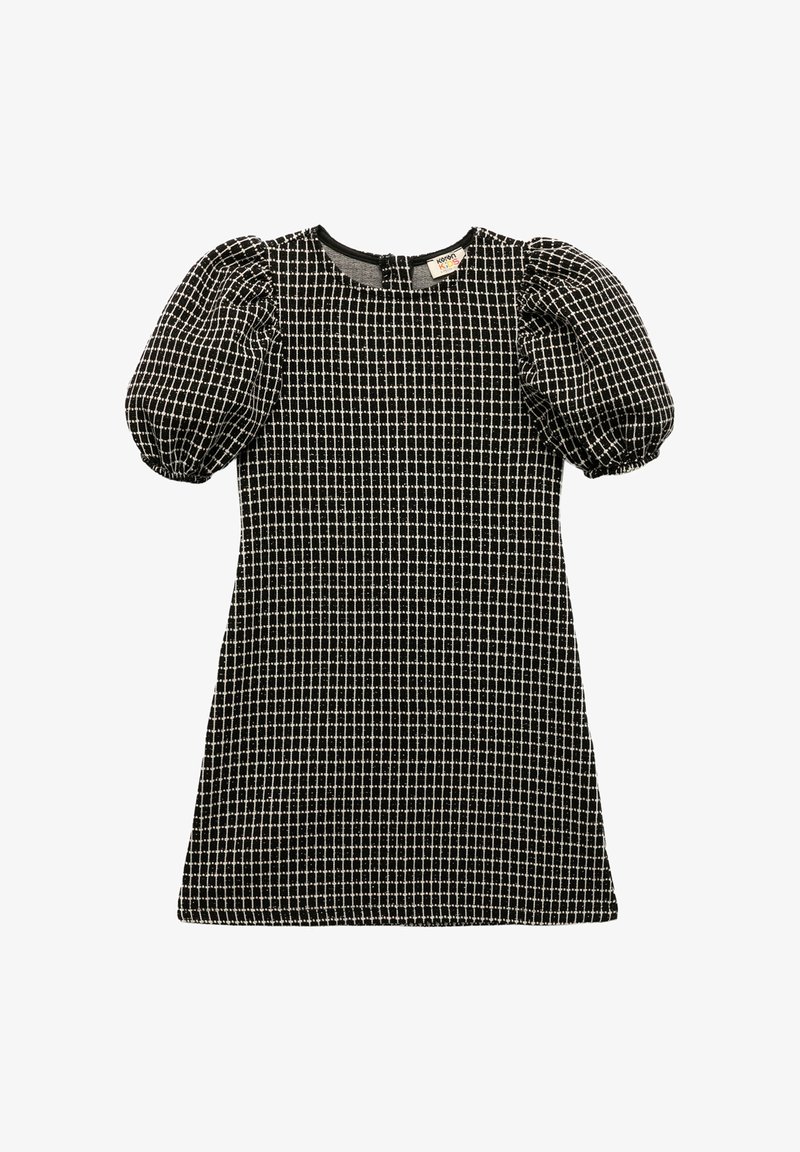 Zwart-wit geblokte jurk met puffmouwen, ronde halslijn, ritssluiting aan de achterkant en textuurstof.
