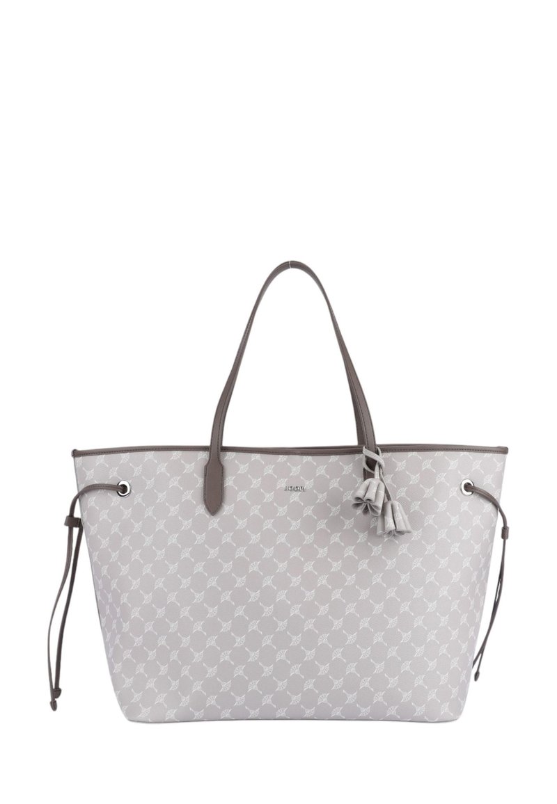 Grau Tote-Bag mit einem gemusterten Oberflächen, doppelten Griffen und einer dekorativen Quaste. Verfügt über Metallösen und sichere Kordelzugverschlüsse.