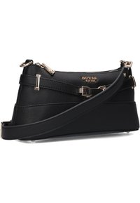 Black leather handbag with a structured shape, gold-tone hardware, and diagonal strap accents. Features a zip closure and logo detail.