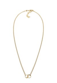 Collier doré avec une chaîne à maillons fins, présentant deux pendentifs circulaires entrelacés au centre et un fermoir à l'arrière.