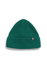 Berretto verde lavorato a maglia con una texture a coste, caratterizzato da un orlo piegato e un piccolo etichetta con logo nero sul lato.