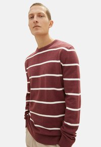 Bordeaux gestreepte trui met witte horizontale strepen, ronde hals en lange mouwen. Gebreide textuur, getailleerd design en ribbelboord.