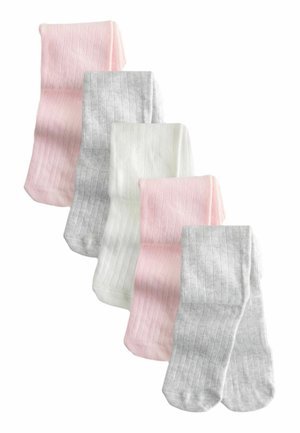 Fünf Paar gerippte Socken in Hellrosa, Weiß und Grau. Jedes Paar hat eine weiche Textur und ein angenehmes, dehnbares Design.