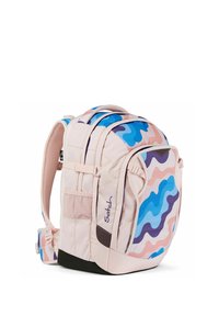 Light pink backpack with blue, purple, and peach wavy patterns, multiple compartments, padded straps, and "Satch" logo on the side.