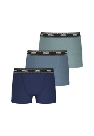 Trois paires de boxers en navy, bleu clair et teal, fabriqués en coton doux avec une ceinture noire portant le nom "ATHENA" en texte blanc.