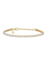 Gold bracelet featuring a row of clear, sparkling stones, with a lobster clasp and an adjustable chain for size flexibility.