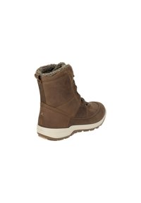 Braune Leder-Stiefelette mit Fellfutter, runder Zehenform und Schnürdesign. Verfügt über eine weiße Gummisohle und ein dezentes Logo auf der Rückseite.
