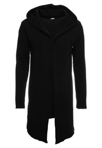Giacca nera lunga con cappuccio realizzata in tessuto morbido, dotata di una zip completa, maniche lunghe e un'apertura frontale con un design sfiancato.