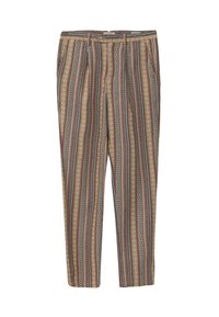 Pantalones con estampado que presentan rayas verticales en tonos de marrón, dorado y gris. Están confeccionados con una tela ligera de textura suave.