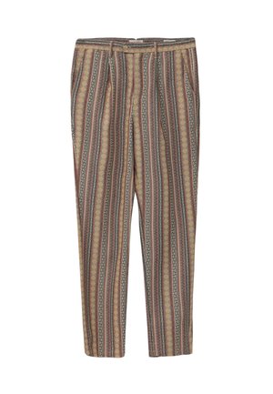 Pantalones con estampado que presentan rayas verticales en tonos de marrón, dorado y gris. Están confeccionados con una tela ligera de textura suave.