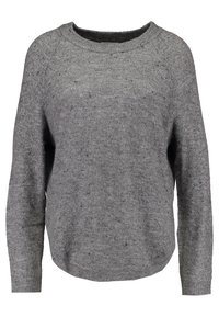 Maglione grigio in lana con scollatura rotonda, maniche raglan e un orlo leggermente curvo. Presenta una texture morbida e un motivo a macchie discreto.
