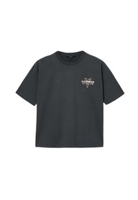 Tummanharmaa puuvillainen T-paita pyöreällä pääntiellä ja lyhyillä hihoilla, jossa rintakehässä kukallinen "ALL-SAINTS"-logo.