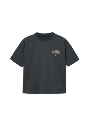 T-shirt in cotone grigio scuro con scollo rotondo e maniche corte, caratterizzata da un logo floreale "ALL-SAINTS" stampato sul petto.