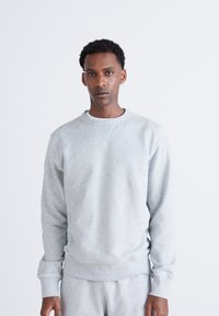 Gray sweatshirt in soft cotton blend, featuring a crew neck, long sleeves, ribbed cuffs and hem, with a smooth texture and minimalist design.