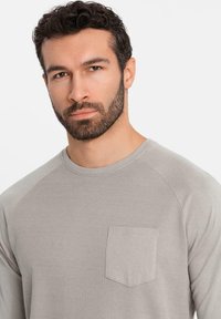 Vaaleanharmaa pitkähihaista paitaa, jossa on teksturoitu ribbikangas, pyöreä kaula-aukko ja pieni rintatasku. Raglan-hihat ovat sileädesignin.