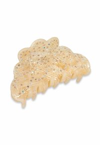 Perzikkleurige haarclaw in bloemvorm, versierd met kristalaccenten. Gemaakt van plastic, heeft een gestructureerd oppervlak en meerdere gripteeth.
