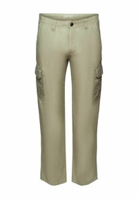 Licht khaki rechte cargo broek met zijflapzakken, riemlussen en frontale knoopsluiting, merk Esprit binnenin de tailleband.