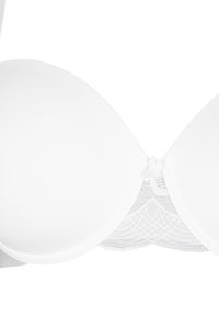 White molded bra with soft padding, smooth texture, and lace back detail. Provides structured support with adjustable straps.