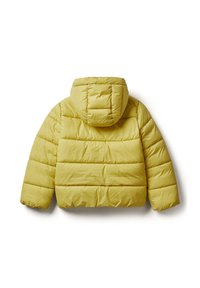 Žlutá péřová bunda, s kapucí, s prošívanou texturou a viditelným šitím. Krátký design s širokými rukávy. Hladký, lesklý povrch.