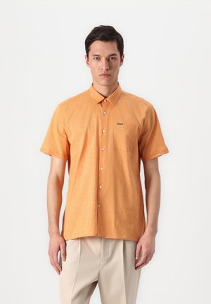 Short-sleeve orange button-up shirt made of textured fabric, featuring a pocket on the left chest and a small brand tag.