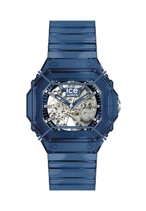 Transparent blue wristwatch with visible silver gears, labeled "ice watch," showing hour, minute, and second hands on a square face.