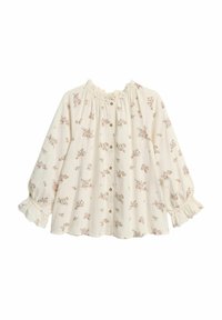 Lys beige bluse med rynket hals, pufærmer og blomsterprint i pink og grøn. Har små knapper langs fronten.