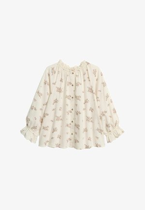 Helle beige Bluse mit Rüschensaum am Hals, puffigen Ärmeln und floralen Druck in Pink und Grün. Verfügt über kleine Knöpfe entlang der Vorderseite.
