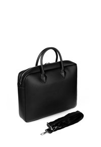 Schwarze Laptoptasche aus Leder mit abgerundeten Doppelho handles, Reißverschluss und abnehmbarem Trageriemen. Glatte Textur mit schlankem, rechteckigem Design.