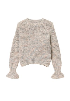Maglione lavorato a maglia spessa con texture a coste, collo rotondo, maniche lunghe e sottili puntini multicolore in tonalità beige, blu e rosa.