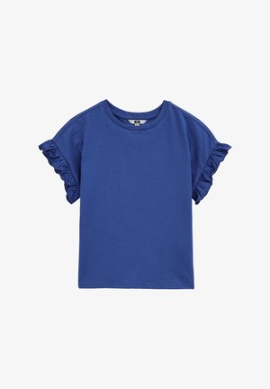 Maglietta di cotone blu con maniche corte arricciate, collo rotondo e vestibilità ampia. Colore uniforme con texture liscia, senza motivi o decorazioni visibili.