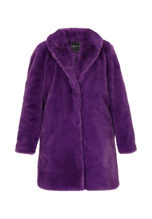 Abrigo de pelaje sintético morado suave y esponjoso, con mangas largas y un gran cuello, mostrado de frente sobre un fondo blanco.