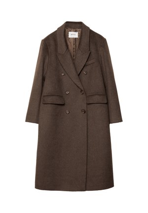 Cappotto doppiopetto marrone in lana con revers a becchi, due tasche anteriori e quattro bottoni decorativi. Fodera interna liscia.