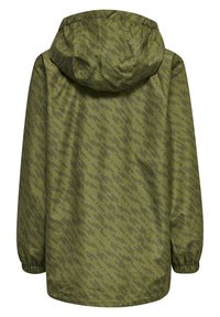 Grön mönstrad jacka med huva, med en texturerad geometrisk design och elastiska muddar. Materialet verkar lättviktigt och vattentåligt.