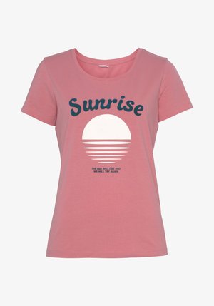 Rosa Baumwoll-T-Shirt mit rundem Halsausschnitt, kurzen Ärmeln und einem grafischen Design einer Sonne mit dem Text "Sonnenaufgang" und einem Zitat darunter.