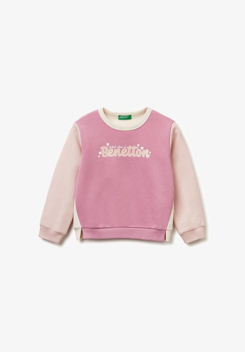 Felpa rosa con dettagli crema, caratterizzata da un collo rotondo e maniche lunghe. Sul davanti è presente la scritta "United Colors of Benetton."