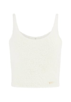 Vit, fluffig crop top med tunna axelband, med en mjuk textur och en liten guldig logotyp i nederkanten till vänster.
