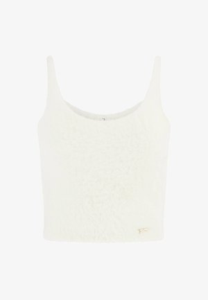 Crop top blanc et duveteux avec de fines bretelles, présentant une texture douce et un petit logo doré accentué en bas à gauche.