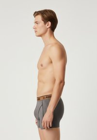 Grå boxershorts med en orange talje, prydet med et geometrisk prikkemønster. Stoffet ser glat ud og har en tætsiddende pasform. Modellen ses i profil.