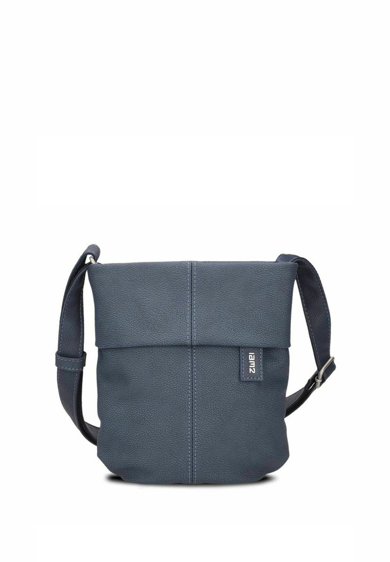 Borsa a tracolla in pelle blu navy con parte superiore pieghevole, tracolla regolabile, texture bicolore e una piccola etichetta logo sul davanti.