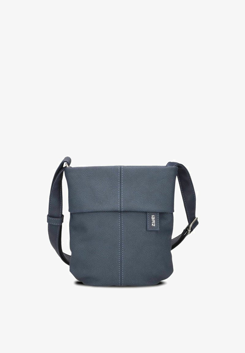 Navyblaue Leder-Crossbody-Tasche mit umklappbarem Deckel, verstellbarem Tragegurt, zweifarbiger Textur und einem kleinen Logo-Patch auf der Vorderseite.