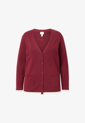 Cardigan bordeaux con bottoni, due tasche frontali, maniche lunghe, scollatura a V e bordi bianchi sui polsini e sull'orlo.