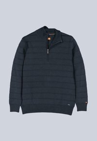 Marinefarbener Pullover mit halbem Reißverschluss an der Kragen, gerippten Bündchen und Saum, versehen mit einem horizontalen Streifenmuster und einem kleinen Logoakzent am unteren Rand.